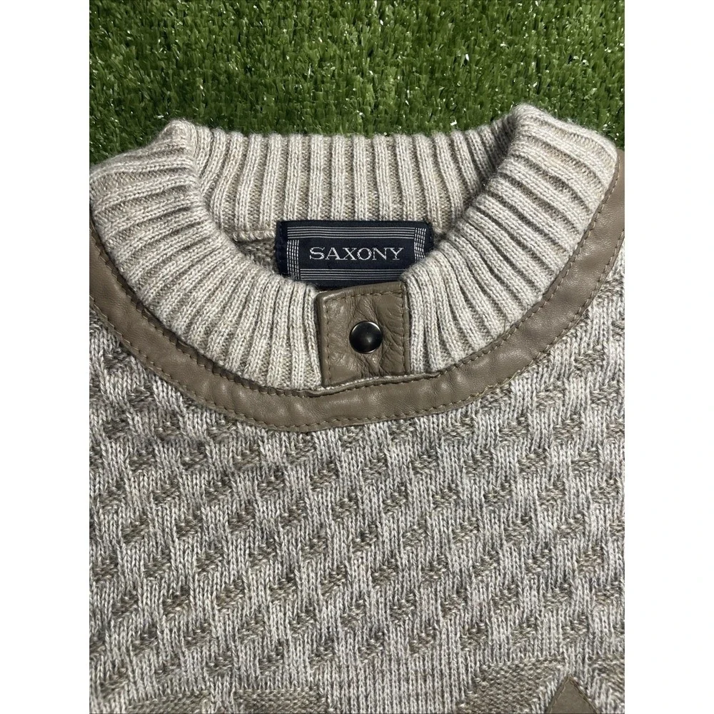 Vintage 90s Diamond Cable Knit Crewneck Sweater Neutral Taupe Size M Grandpa